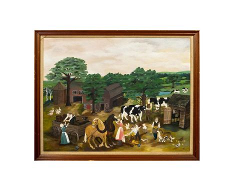 Folk Art painting of a village life. Artist signed and dated 1988 lower right. Measures 32" x 28" including frame, 29" x 23.5