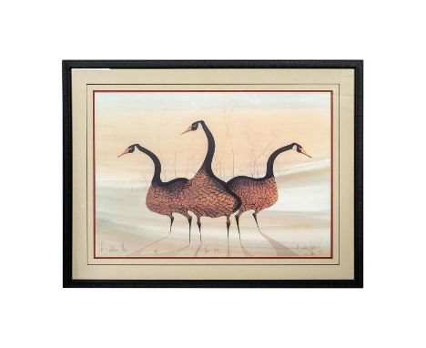 The Trio is a stunning color lithograph by Patricia Buckley Moss that represents three Canadian geese in a wintry landscape w