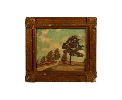 Depicting trees on a windy day. Signed lower right, F. Taylor Bowars, dated 1918. Paint flaking.Measures 13.5" x 11.5" includ