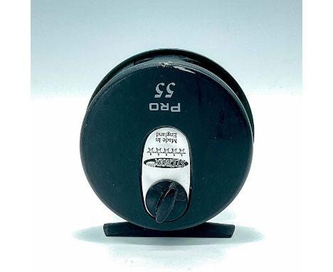 Lightweight graphite reel, made in England marked St. Croix 5 Star, Pro 55. Includes new WF4F. Dimensions: 3.5"L x 2.25"W x 3