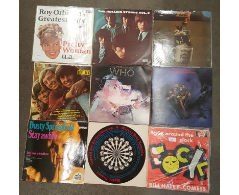 Nine LP vinyl records, Bill Haley and His Comets, Curved Air, Roy Orbison, Dusty Springfield, The Who, Moody Blues, Rolling S