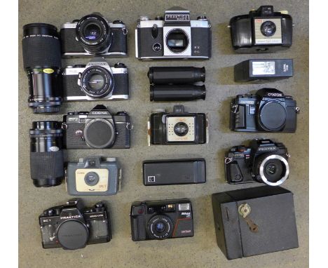 Camera equipment comprising; Nikon L35 AF2 camera, Kodak Extra 12 camera, Ilford sprite camera, Cosina CT7 SLR camera body, P