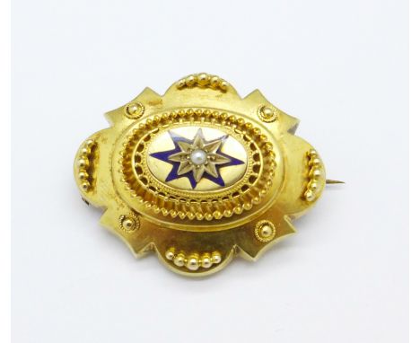 A Victorian yellow metal, pearl and enamel brooch, 7.2g, 33mm x 27mm