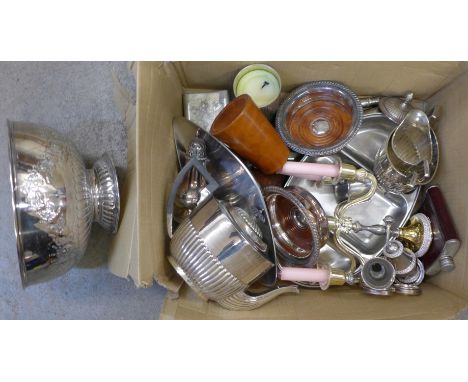 A box of silver plated items including rose bowl, silver plated tea service, etc.