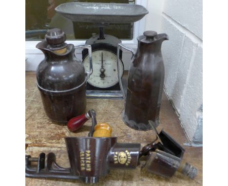 A Hughes 0-20lb set of kitchen scales, two Bakelite vacuum flasks and a No. 631 Patent Slicer, for marmalade, beans and all v