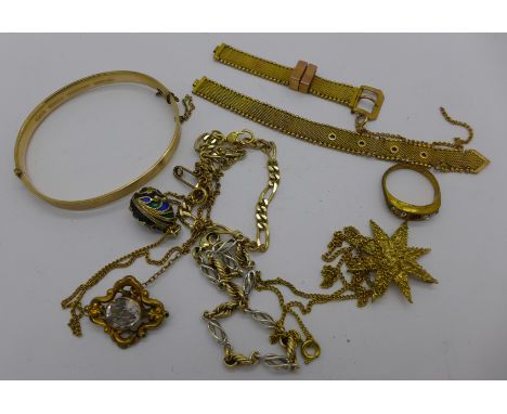 A 9ct gold watch bracelet, a 9ct two colour gold bracelet and a 9ct gold pendant, 25.3g, a yellow metal brooch, a plated bang