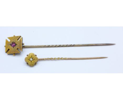 A 15ct gold and pearl pin and a yellow metal and ruby pin in original box