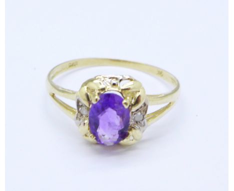 A 9ct gold, amethyst and diamond ring, 0.9g, O