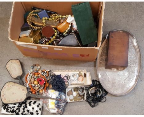 A box of costume jewellery, a plated tray, a tea caddy, etc., 7.30kg