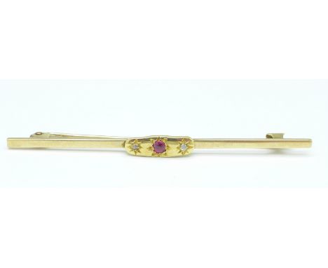 A yellow metal, ruby and diamond brooch, 4.6g