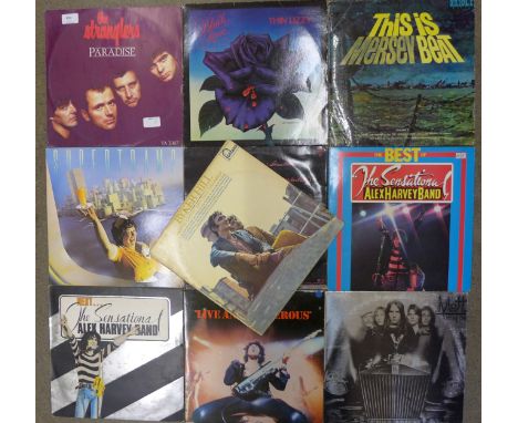 A collection of ten LP records including Mott, Thin Lizzy, Alex Harvey Band, Supertramp, This Is Merseybeat, The Stranglers a