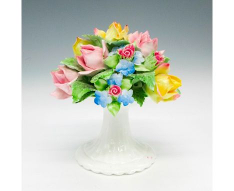 White glazed pedestal with multicolored florals in pink, yellow and blue with green leaves. Royal Adderley backstamp. Issued: