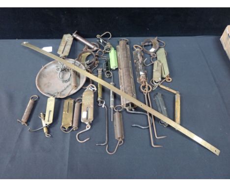 A COLLECTION OF SPRING BALANCE SCALES various ages and makers, and a haberdasher's counter top brass yard rule