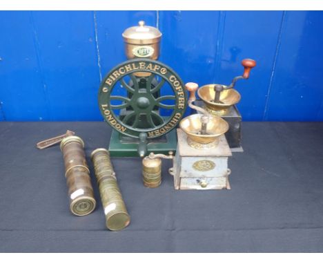 TWO VINTAGE KENRICK &amp; SONS COFFEE MILLS with brass nameplates, a modern 'Birchleaf' coffee grinder, and three brass-cased