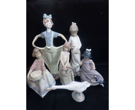 LLADRO: A GOOSE AND A GIRL WITH A FLOWER BASKET and four Nao pieces to include a clown