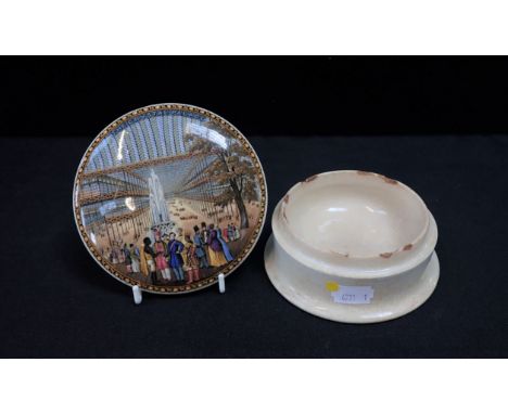 A VICTORIAN PRATTWARE POT LID AND POT 'THE CRYSTAL PALACE' the interior scene with Ostler's fountain, and with figures repres