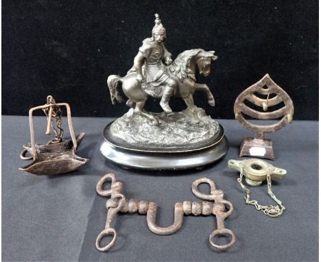 A SPELTER MODEL OF WARRIOR ON HORSEBACK a 'Crusie' type lamp and other metal items