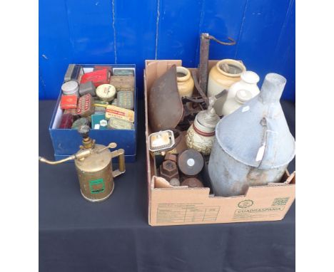 A COLLECTION OF KITCHENALIA including scales, butter pats, stoneware, with a 'Dron-wal' sprayer, galvanised can, and vintage 