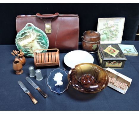 A LEATHER BRIEFCASE AND AN ART DECO GLASS VASE with a wooden biscuit barrel, a donkey ceramic plaque and sundries