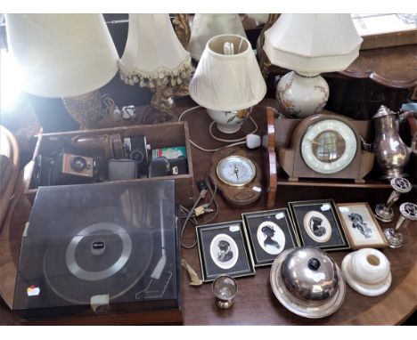 A GARRARD SP25 Mk III TURNTABLE (untested), a barometer, table lamps, a wall mirror, a few cameras, a pair of binoculars book