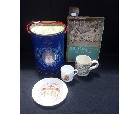 A BELL'S SCOTCH WHISKY QUEEN MOTHER'S 90TH BIRTHDAY DECANTER (full), in tube, two commemorative mugs and a plate, and a book 