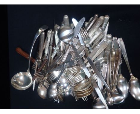 A QUANTITY OF SILVER-PLATED AND OTHER CUTLERY including a soup ladle