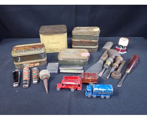 A GOLD-PLATED SILVER RING, AND COLLECTIBLES including tins, Zippo lighter, diecast vehicles, tools etc