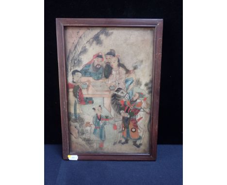 A CHINESE PAINTED STONE OR MARBLE PANEL depicting figures at a table, with inscription and seal marks verso, in a hardwood fr