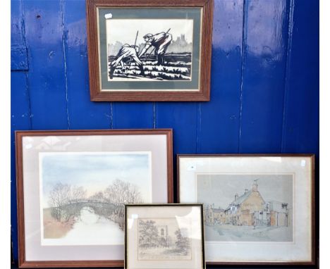 MICHAEL EDWARDS, FARM LABOURERS near Ely, woodblock print, 1978, 44 x 37 cm a coloured etching of a river scenes, with an eng