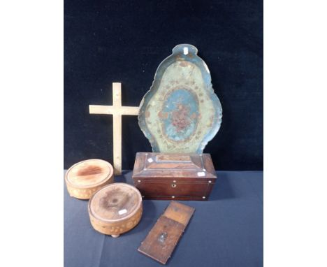 A TEA CADDY WITH MOTHER OF PEARL INLAY two inlaid dome stands, (for 16.5cm diam domes) an Indian painted tray, a giltwood cro