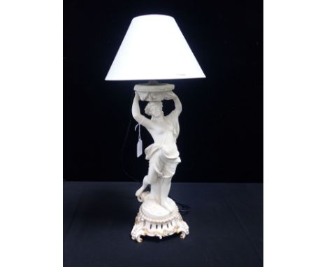 A 19TH CENTURY PARIAN WARE FIGURAL CENTREPIECE on a gilt glazed porcelain base, converted to a table lamp (A/F)