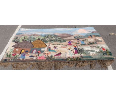 AN AFRICAN WOOL 'AFRO WEAVERS STUDIO' TAPESTRY, DEPICTING A RURAL SCENE woven by Mamanti Moleleki 250 x 145cm