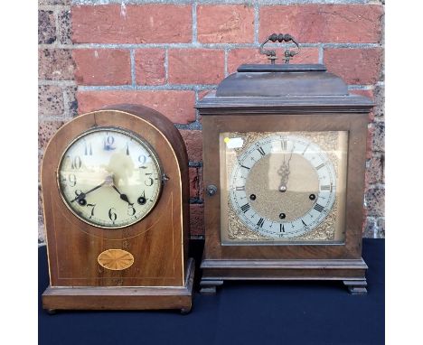A GEORGE III STYLE BRACKET CLOCK, WALNUT CASED WITH WESTMINSTER CHIME Enfield movement 26cm wide, with an Edwardian mantel cl