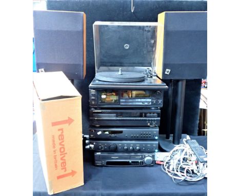A REVOLVER TURNTABLE (BOXED), AND OTHER HI-FI COMPONENTS comprising a pair of Celestion UL6 speakers on Atacama stands, AIWA 
