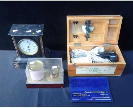 A 19TH CENTURY BLACK SLATE MANTEL CLOCK with variegated marble uprights, 24cm high, a battery operated barograph, a Boden dra