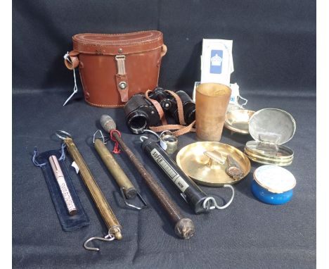A DECORATED HORN BEAKER, A SWAROVSKI PEN binoculars, tokens, spring scales paying cards and other items