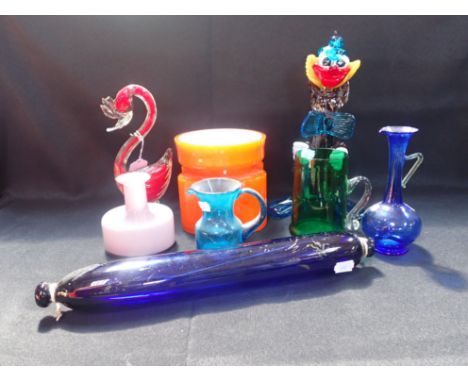 A MURANO CLOWN, AND OTHER ART GLASS and a Victorian glass rolling pin (the orange vase chipped)