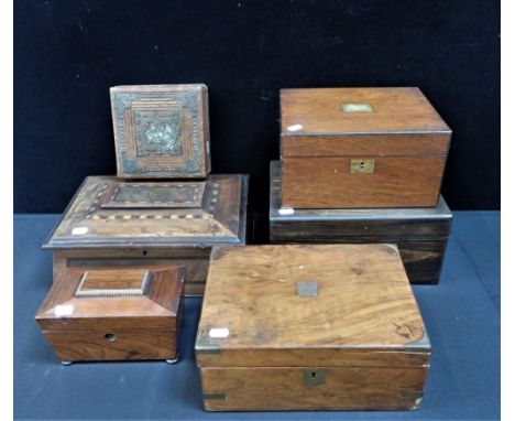 SIX 19TH CENTURY BOXES, INCLUDING A ROSEWOOD TEA CADDY of sarcophagus form, two writing slopes and others (for restoration)