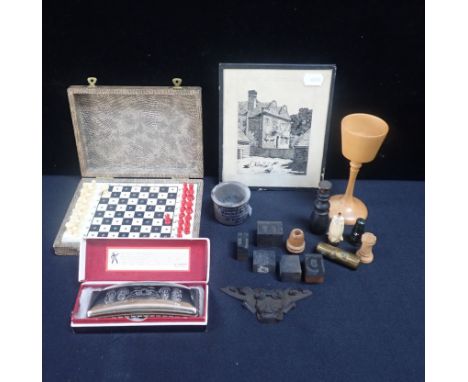 A DR ROBERTS/BEACH AND BARNICOTT BRIDPORT OINTMENT JAR some printng letters, a M Hohner harmonica, small bits of treen and su