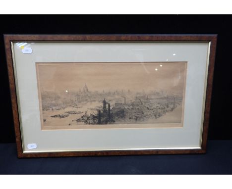 W. L. WYLLIE 1851-1931: PANORAMIC VIEW OF LONDON WITH ST. PAUL'S AND THE SHOT TOWER etching, signed, modern frame (paper brow