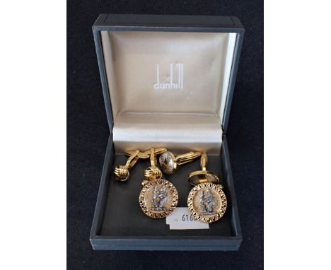 DUNHILL: A PAIR OF KNOT GOLD PLATED CUFFLINKS with another pair of Dunhill gold plated cufflinks and 'Bear and Ragged staff' 