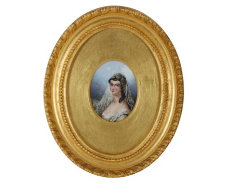 AN EARLY 19TH CENTURY MINIATURE OIL PORTRAIT ON PORCELAIN OF A YOUNG BRIDE with hair ringlet, veil and cream dress, oval 9cm 