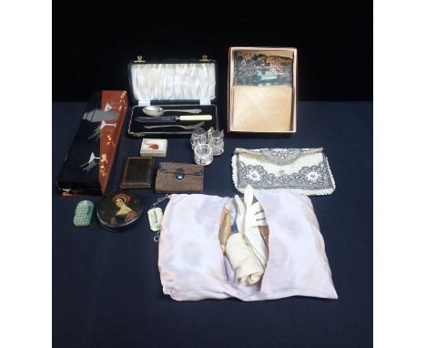 A 19TH CENTURY SNUFF BOX, MINIATURE BISQUE DOLL, MINIATURE 'PEARS SOAP' (a/f), beaded bag, small silver cruet, Japanese box, 