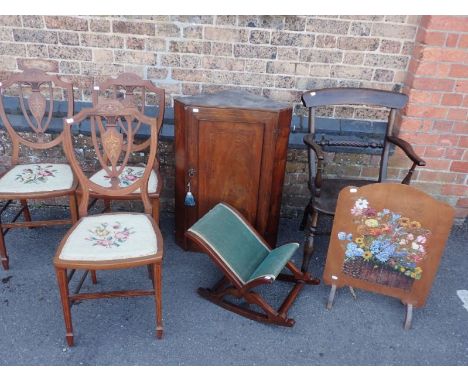 A 19TH CENTURY WINDSOR ARMCHAIR WITH ROPE-TWIST SPLAT three Edwardian inlaid chairs, a small mahogany hanging corner cupboard