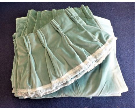 A SUITE OF FOUR DUCK EGG BLUE VELVET COUNTRY HOUSE CURTAINS AND PELMET (made for a bay window) each 100cm wide (top), 160cm (