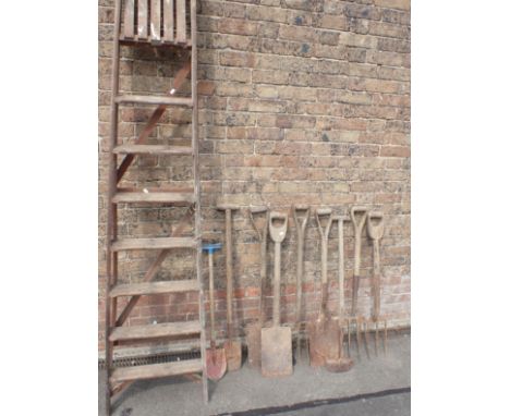 A COLLECTION OF VINTAGE GARDEN TOOLS and a wooden stepladder