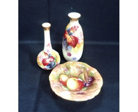 A ROYAL WORCESTER BRAMBLE DECORATED VASE approx 13cms height, with another baluster form vase (damaged) both signed K. Blake 