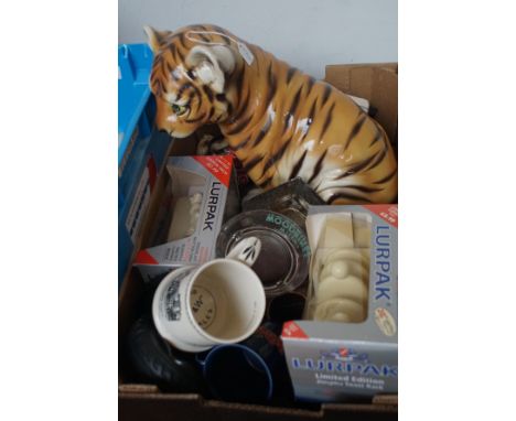 Box of bric a brac to include Lurpak butter dish &amp; ceramic tiger 