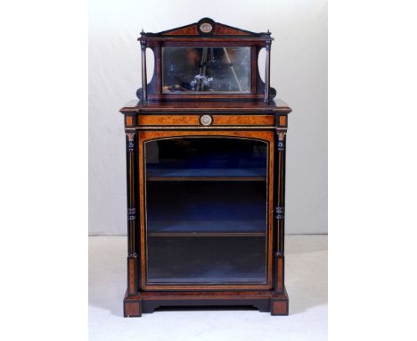 Napoleonic in style, pediment top, open shelf with fluted columns, mirrored backsplash above glazed cupboard doors, columns t
