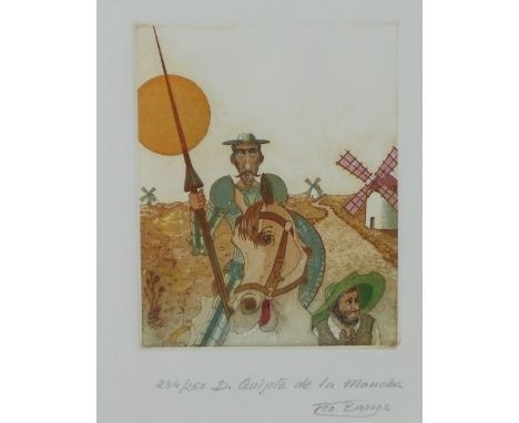 FC Barros (Spanish) Don Quixote, coloured print, singed, inscribed and numbered 234 / 250, framed under glass, 15 x 18cm 